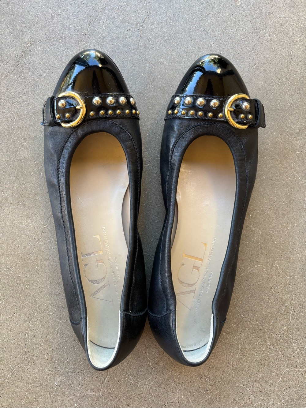 AGL Attilio Giusti Leombruni Monika Black Studded Cap Toe Flats 40.5 US 10.5